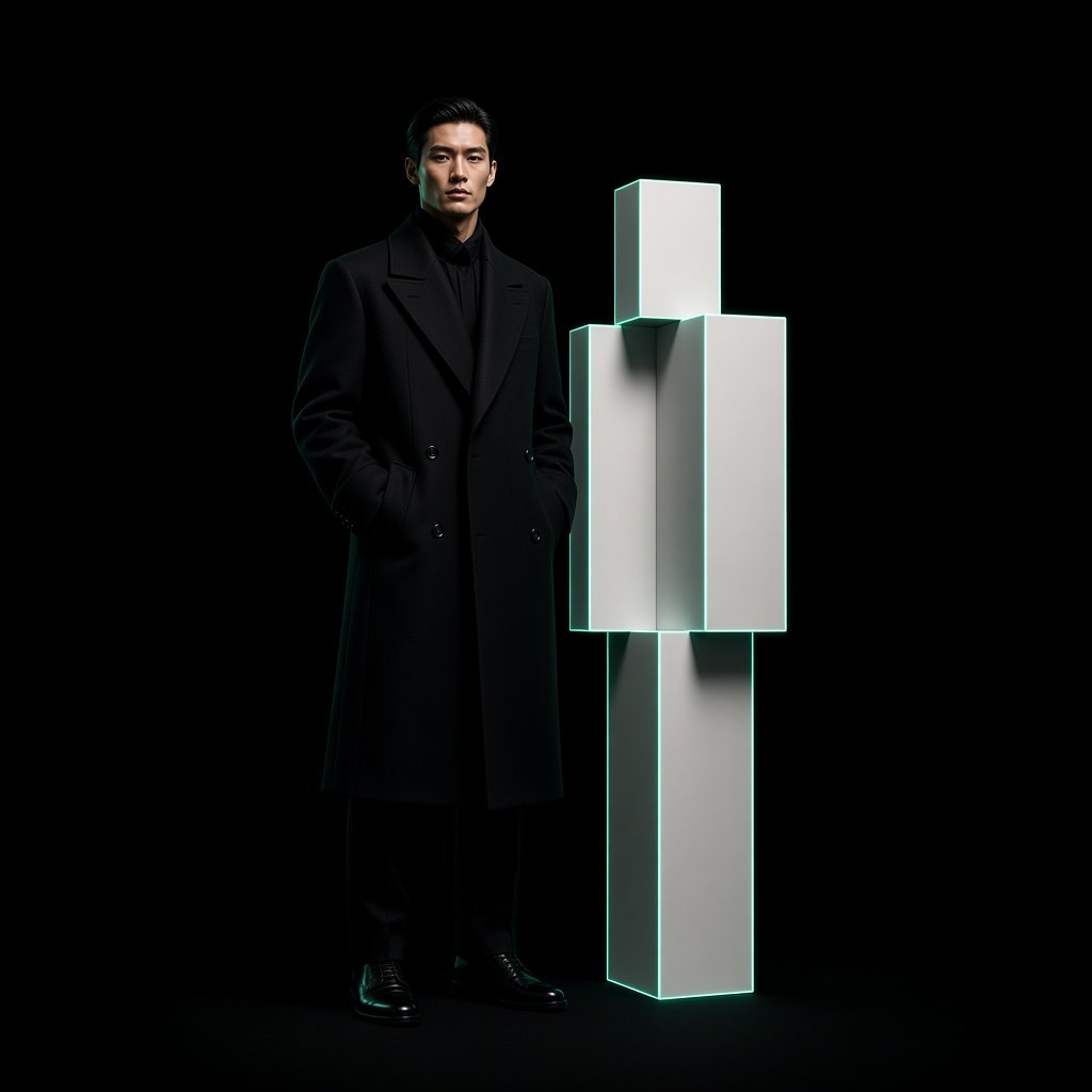 A person standing beside a geometric agent