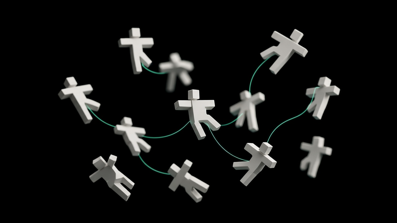 A swarm of white figures linked by a mint thread